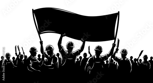 A crowd of people holding a large flag and protesting together united.