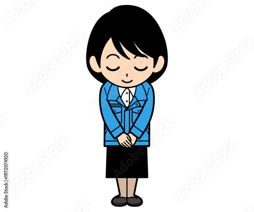 お辞儀をするショートヘアーの事務員の女性