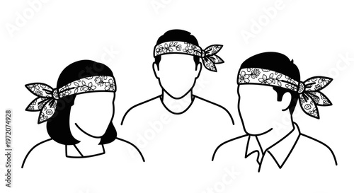 Three faceless people wearing bandanas on their heads in a simple illustration.