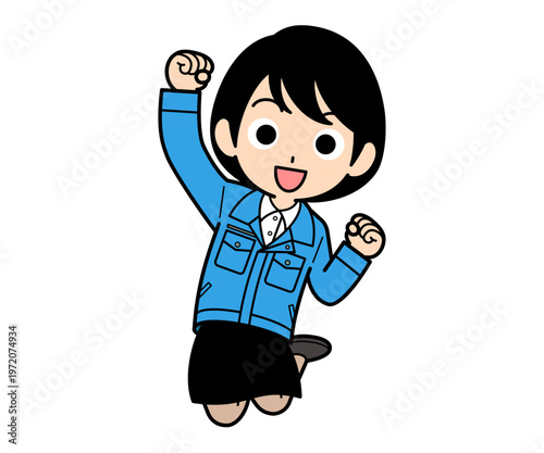 飛び上がって喜ぶショートヘアーの事務員の女性