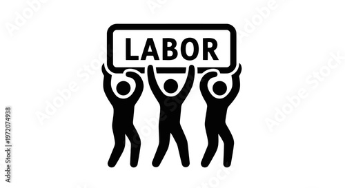 Three workers holding a sign that reads labor in a simple graphic illustration.