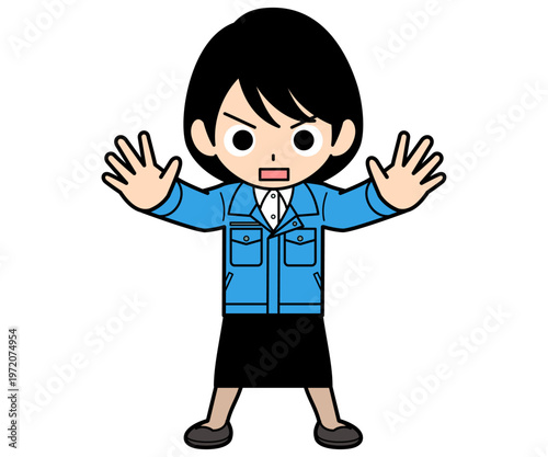 立ち塞がるショートヘアーの事務員の女性