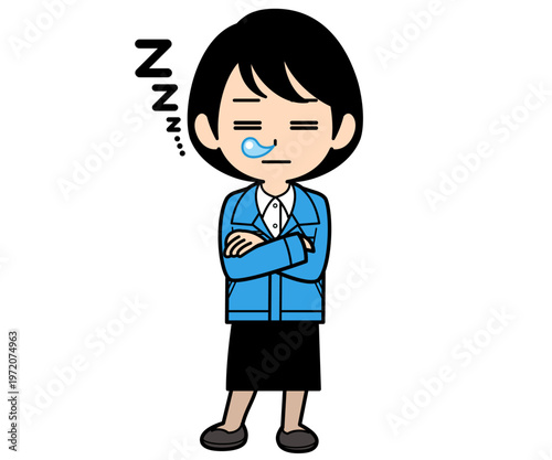 立ったまま居眠りするショートヘアーの事務員の女性