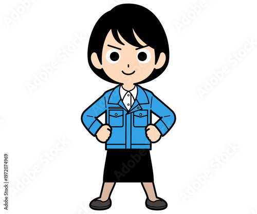 仁王立ちするショートヘアーの事務員の女性