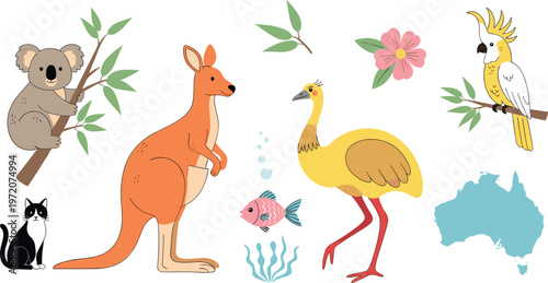 Australian Wildlife and Nature Illustration Set with Kangaroo, Koala, Cockatoo, Fish, and Flora in Flat Vector Style