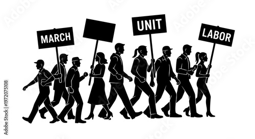 Silhouettes of people marching with labor and unity signs in a protest.