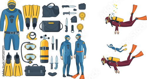 Scuba Diving Equipment and Underwater Activity Illustration Set with Divers Gear Oxygen Tank Fins Masks and Ocean Exploration Scenes
