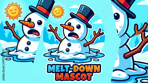 Cartoon Snowman Melting in Sun.