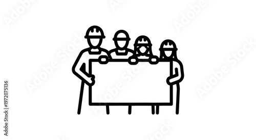 Simple line drawing of people holding a blank sign together.
