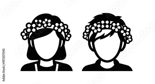 A couple wearing flower crowns, depicted in a minimalist black and white illustration.
