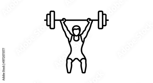 A simple line drawing of a person lifting a heavy barbell overhead with both hands.
