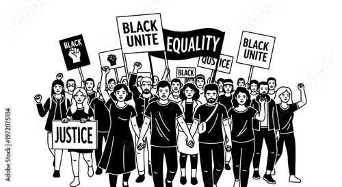 A group of people marching together holding signs advocating for justice and equality.