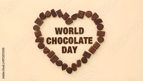 A heart-shaped arrangement of chocolates celebrating World Chocolate Day on a beige background