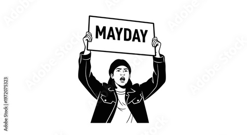 A person holding a sign that says mayday in a distressed state.