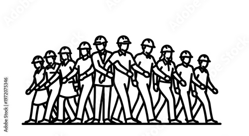 Group of construction workers wearing hard hats and masks marching forward together.