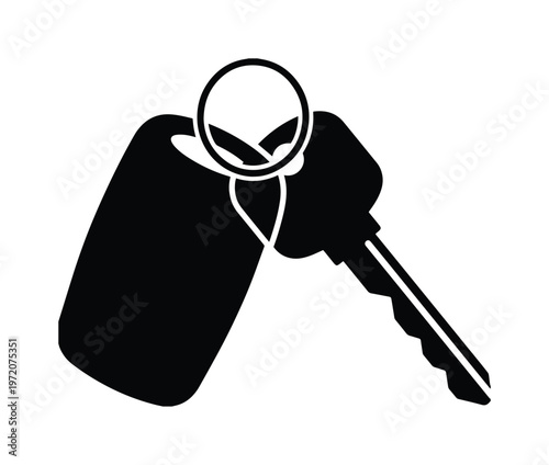 車のキーとキーホルダーのシンプルなモノクロベクターアイコン、自動車のアクセスとセキュリティを象徴するミニマルなデザイン、交通関連プロジェクトやウェブサイトに最適なグラフィックリソース