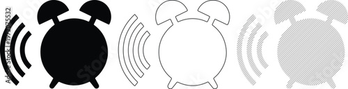 Retro Alarm Clock Ringing Sound Waves Icons Black White Line Art Isolated White Background
