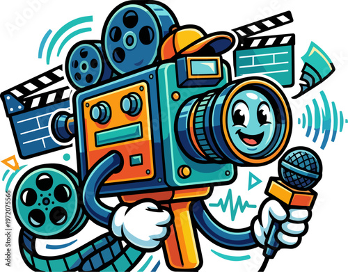 Cartoon camera with microphone smiling.