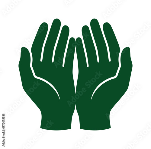 祈りの手、慈悲と希望を象徴する緑色の手のひら、シンプルなベクターイラスト、寄付やボランティア活動のアイコンに最適