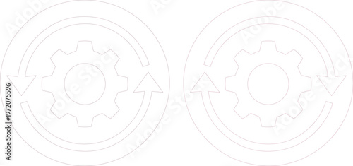 設定と更新のサイクルを示す歯車アイコン、ビジネスプロセスとシステム最適化の概念を表現するシンプルなベクターイラスト素材