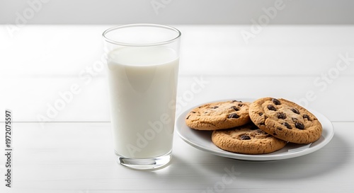 Glass of milk and plate of chocolate chip cookies on white table