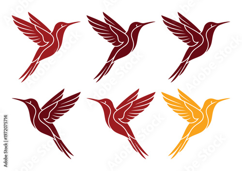 優雅に舞うハチドリのベクターイラストセット、赤と黄色の美しい鳥のシルエット、ロゴやデザイン素材に最適な6種類のハチドリコレクション