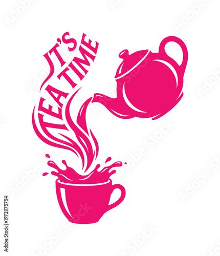 JT'S TEA TIMEの文字と湯気が立つティーカップに注がれるティーポットのベクターイラスト、カフェや喫茶店のロゴデザインに最適なピンク色のエレガントなティータイムグラフィック