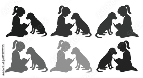 子供と犬の読書シルエット、友情と学びを象徴するモノクロベクターイラストセット、教育やペット関連デザインに最適