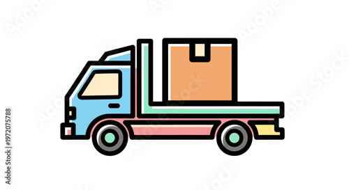 Truck with box on flatbed vehicle.