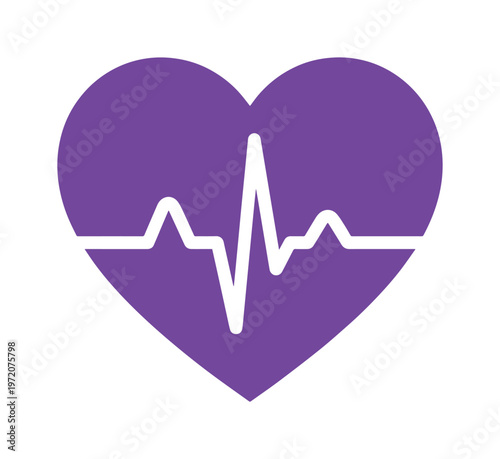 心電図の波形が描かれた紫色のハートアイコン、健康と医療のシンボル、シンプルなベクターイラスト、ヘルスケアアプリやウェブサイトに最適