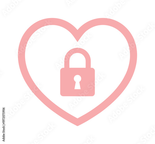 ピンクのハートと南京錠のアイコン、愛とセキュリティを象徴するシンプルなベクターイラスト、Webサイトやアプリのプライバシー保護、ロマンチックな関係、心の安全を表現するデザイン素材
