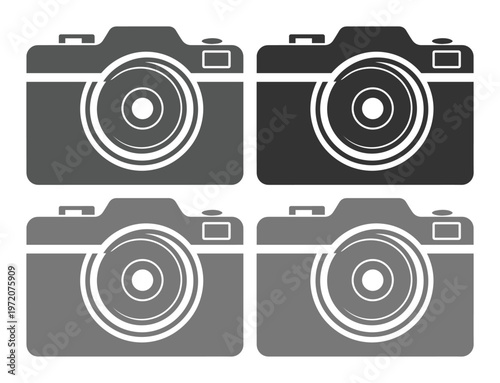 モノクロのレトロなカメラアイコンセット、写真撮影やデジタルメディアを象徴するシンプルなベクターイラスト素材、ウェブサイトやアプリのUIデザインに最適なカメラシルエットコレクション
