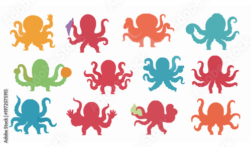 Cute Cartoon Octopus Tentacle Characters Funny Sea Creature Limbs Vector Illustration Set