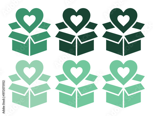 ハートが飛び出すギフトボックスのベクターイラストセット、愛と感謝を伝えるプレゼント、寄付、チャリティ、ボランティア活動のシンボル、緑色のグラデーションが美しいデザイン