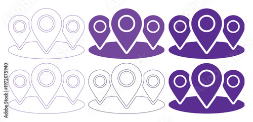 場所を示すピンアイコンセット、地図上の位置情報や目的地を示すシンプルなベクターイラスト、WebサイトやアプリのUIデザインに最適な紫色と線画のロケーションマークコレクション