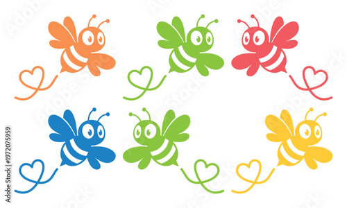 愛らしいミツバチのシルエット、ハートの軌跡を描くカラフルなハチのベクターイラストセット。子供向けデザインやバレンタインデーの装飾に最適な、遊び心あふれるハチのグラフィック素材。