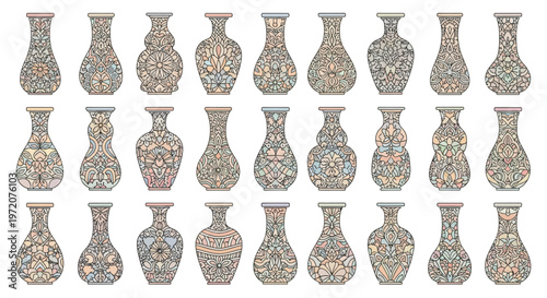 Collection of decorative antique ceramic vases.