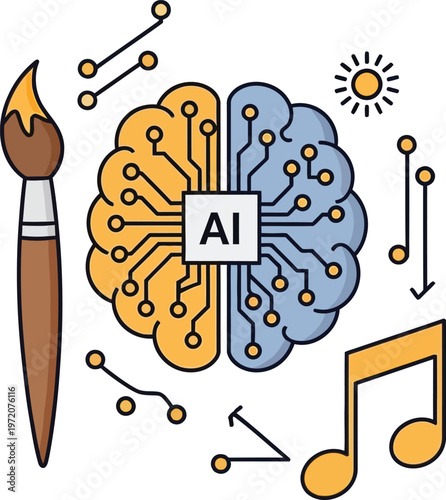 Artificial intelligence chip inside human head silhouette divided into creative and logical hemispheres with symbols.