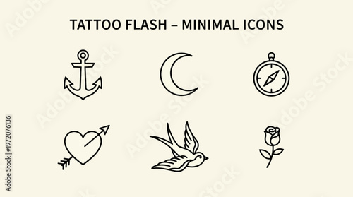 Tattoo flash minimal icons set.