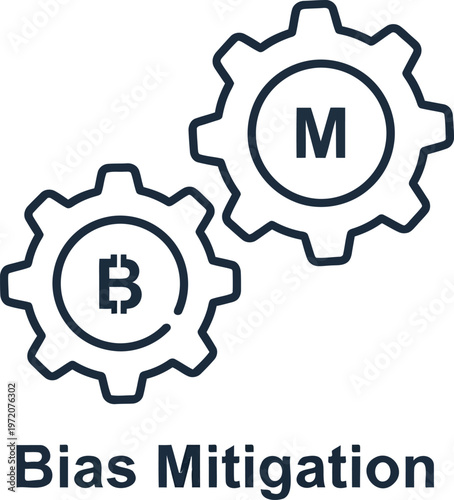Two interlocking gears with Bitcoin and Money symbols representing bias mitigation in financial technology and algorithmic fairness.