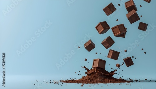 A pile of chocolate cubes exploding into the air against a clear blue background