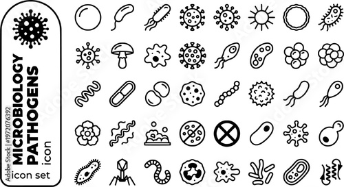 Microbiology Pathogens Bold Line Icons-Bacterium Virus Fungi Protozoa Prion E-Coli Staphylococcus Spirochete Biofilm-25 Microbiology Icon Set Vector - Pathogen Icons