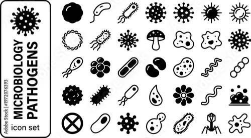 Microbiology Pathogens Bold Line Icons-Bacterium Virus Fungi Protozoa Prion E-Coli Staphylococcus Spirochete Biofilm-25 Microbiology Icon Set Vector - Pathogen Icons