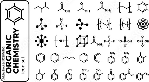 Organic Chemistry Bold Line Icons-Benzene Ring Methane Ethanol Carboxylic Acid Amino Acid Polymer Chirality Alkane-25 Organic Chemistry Icon Set Vector - Carbon Chemistry Icons