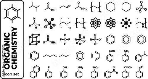 Organic Chemistry Bold Line Icons-Benzene Ring Methane Ethanol Carboxylic Acid Amino Acid Polymer Chirality Alkane-25 Organic Chemistry Icon Set Vector - Carbon Chemistry Icons