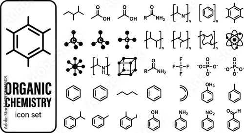 Organic Chemistry Bold Line Icons-Benzene Ring Methane Ethanol Carboxylic Acid Amino Acid Polymer Chirality Alkane-25 Organic Chemistry Icon Set Vector - Carbon Chemistry Icons