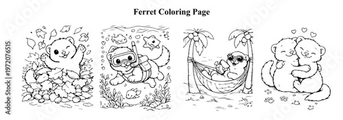 Cute Ferret Coloring Pages Bundle – Autumn Leaves, Snorkeling, Hammock Relaxing and Love Hug Scenes Black and White Line Art
