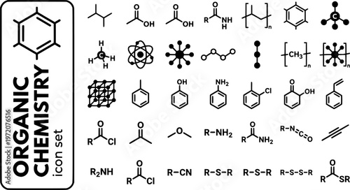 Organic Chemistry Bold Line Icons-Benzene Ring Methane Ethanol Carboxylic Acid Amino Acid Polymer Chirality Alkane-25 Organic Chemistry Icon Set Vector - Carbon Chemistry Icons