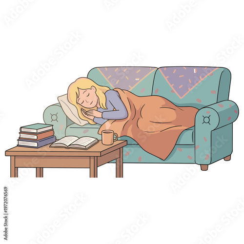 Woman sleeping peacefully on couch with books and coffee nearby indoors