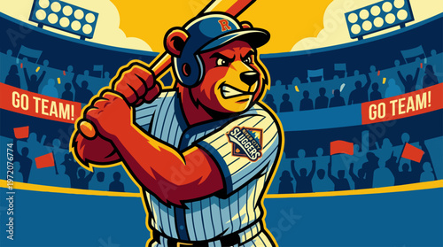 Cartoon bear baseball player batter.
